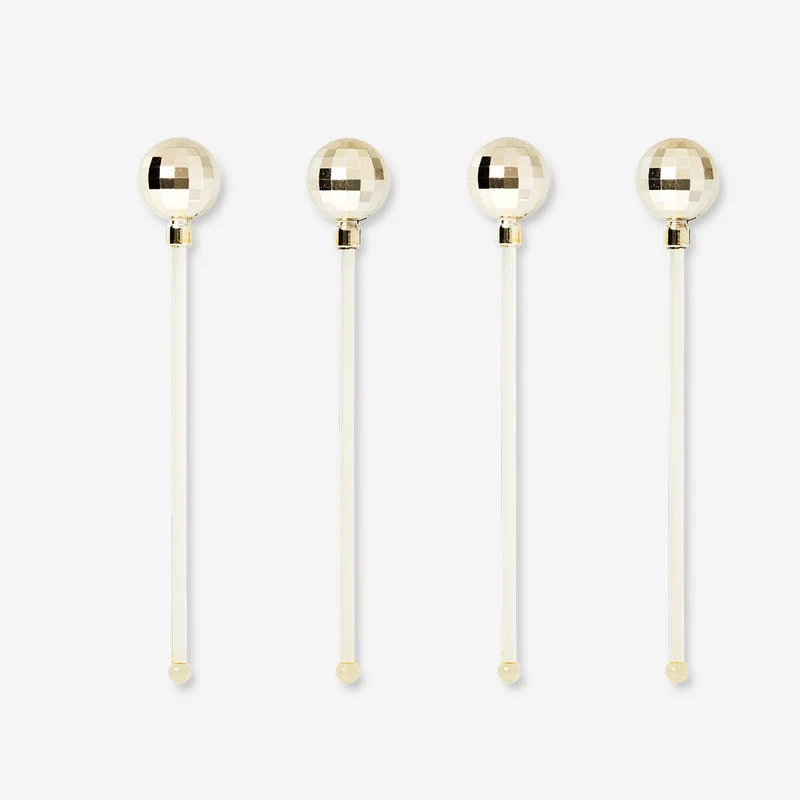 Gold disco ball drink stirrers - 4 pcs