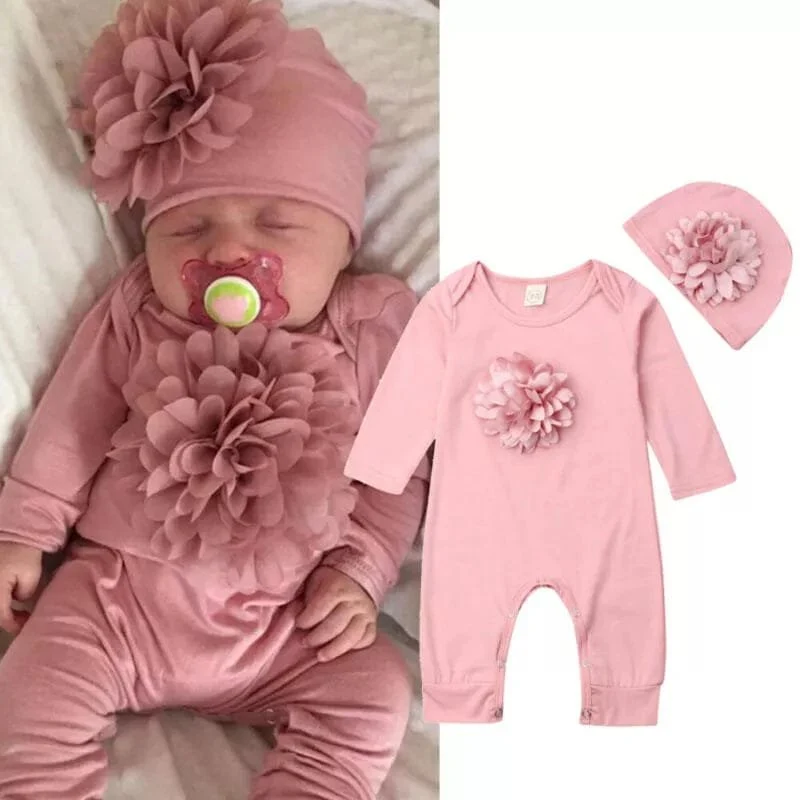 0-18M Floral Jumpsuit & Hat: 2Pc Cotton Set for Newborns