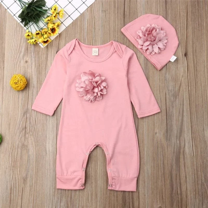 0-18M Floral Jumpsuit & Hat: 2Pc Cotton Set for Newborns