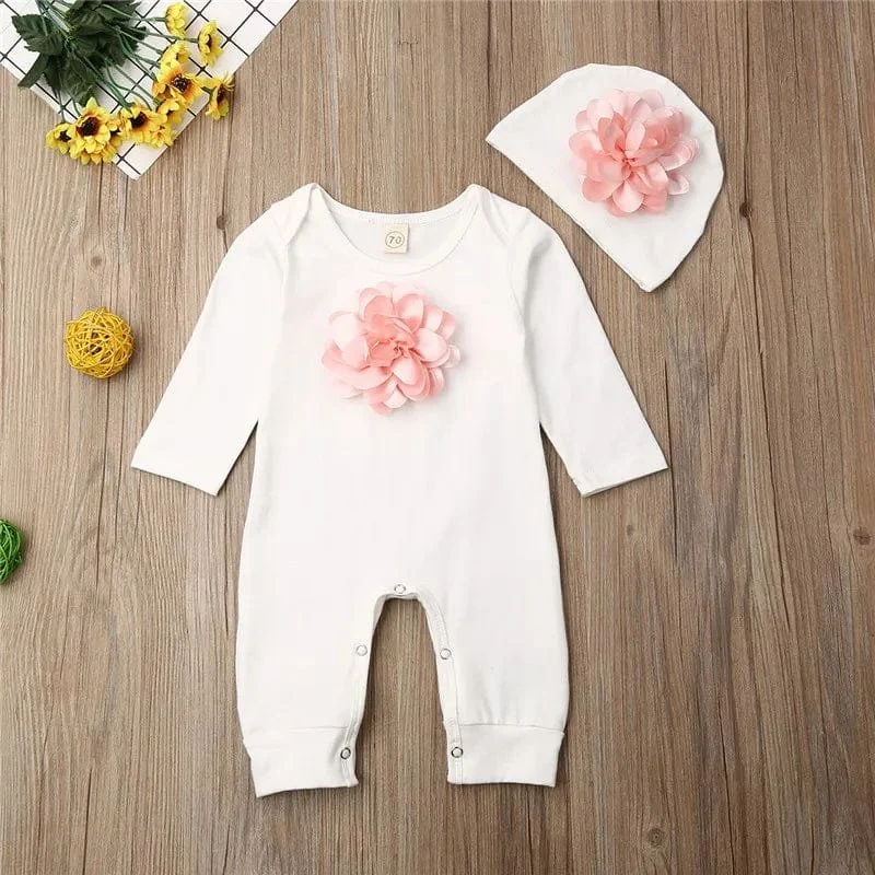 0-18M Floral Jumpsuit & Hat: 2Pc Cotton Set for Newborns