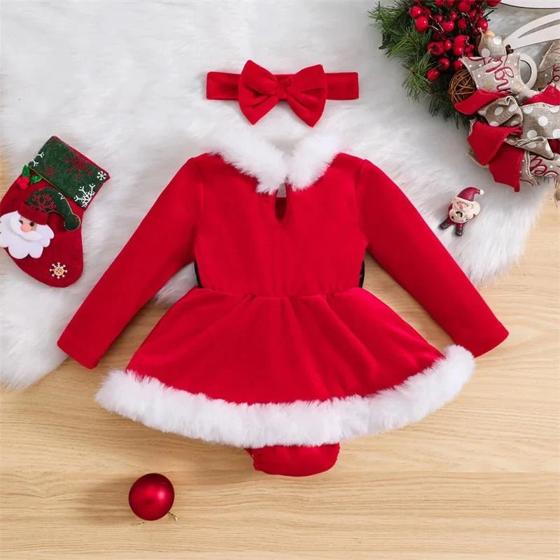 3-24M XMAS Outfit: Velvet Romper Dress & Headband for Babies