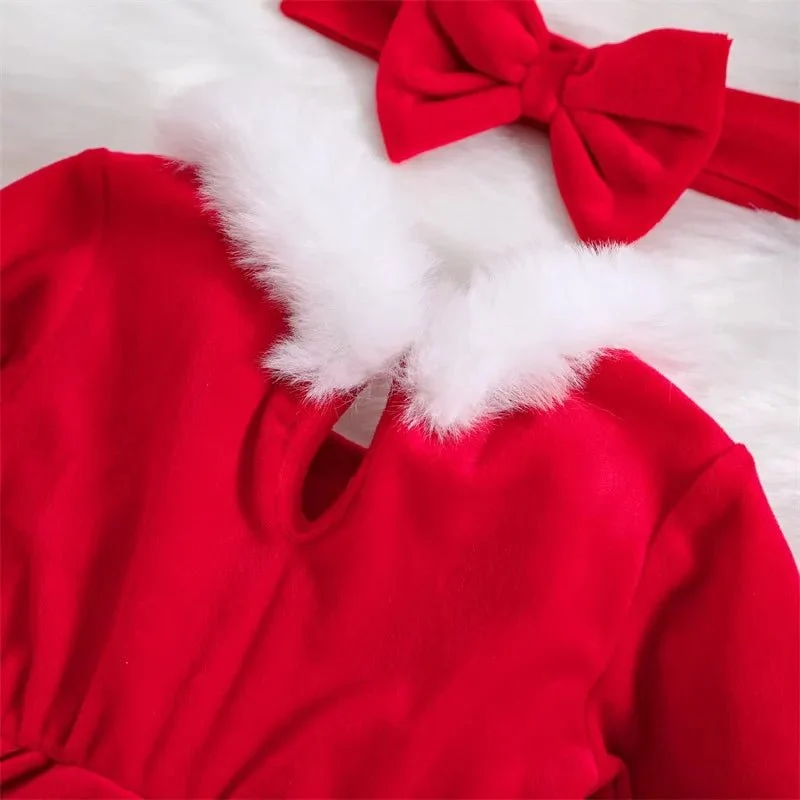 3-24M XMAS Outfit: Velvet Romper Dress & Headband for Babies