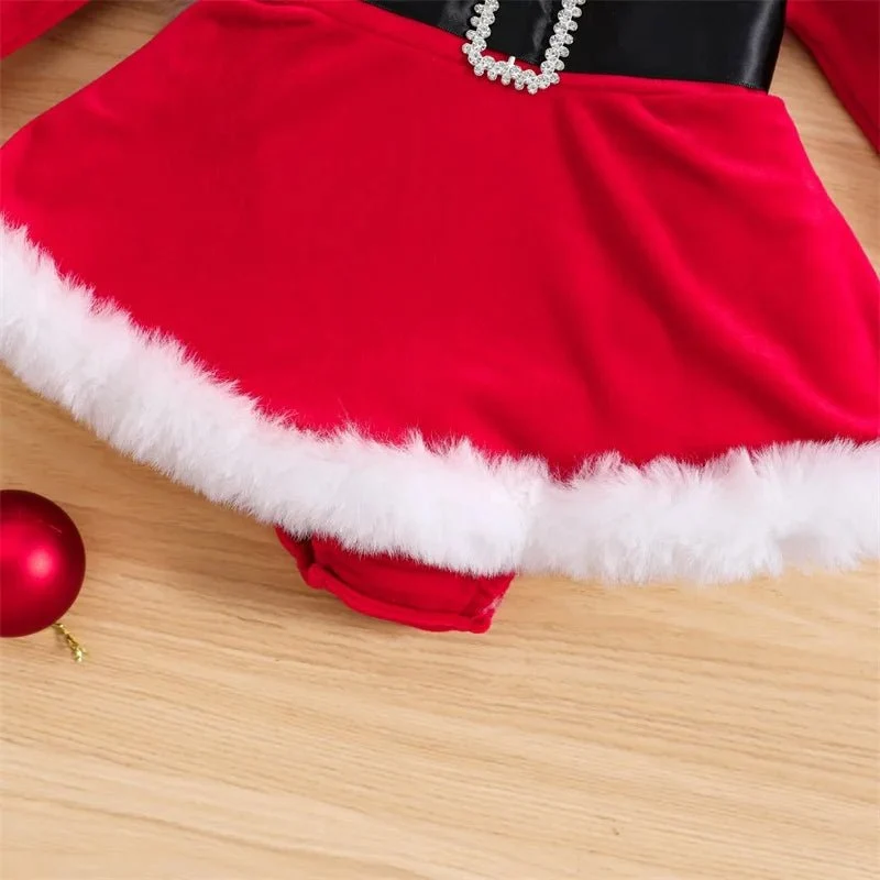 3-24M XMAS Outfit: Velvet Romper Dress & Headband for Babies