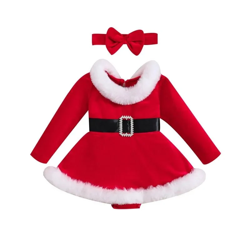 3-24M XMAS Outfit: Velvet Romper Dress & Headband for Babies