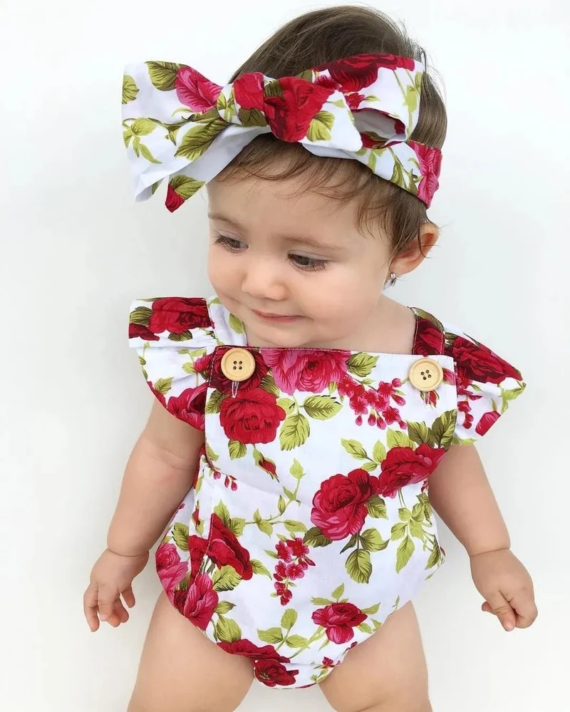 Floral Romper Set 0-24M: Jumpsuit & Headband for Infants