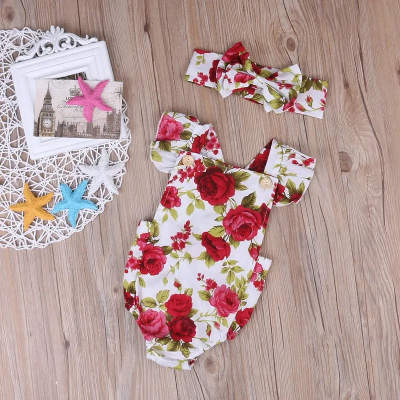 Floral Romper Set 0-24M: Jumpsuit & Headband for Infants