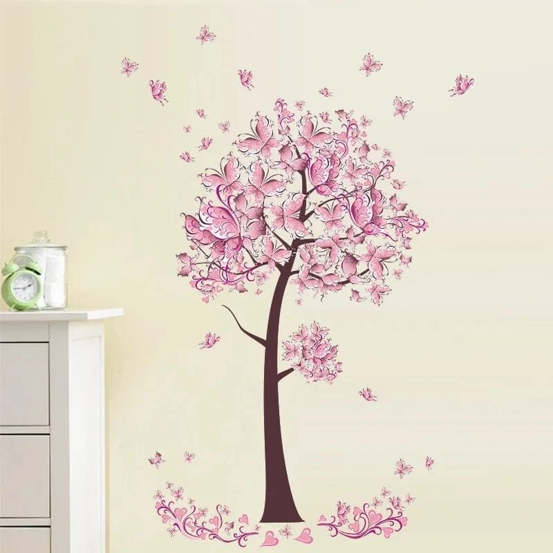Pink Butterfly Flower Tree Wall Decals - Vinyl Mural