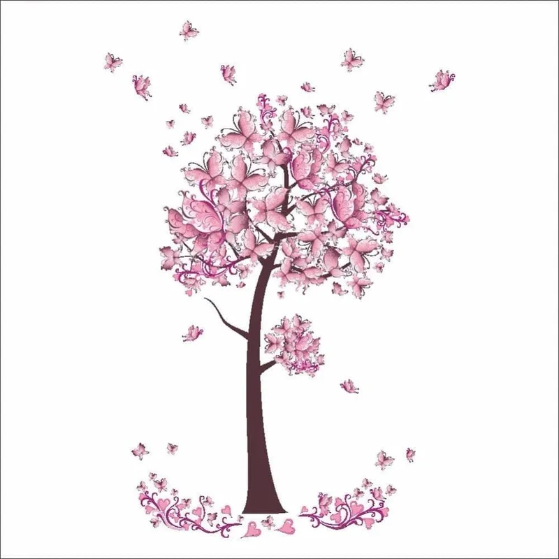 Pink Butterfly Flower Tree Wall Decals - Vinyl Mural