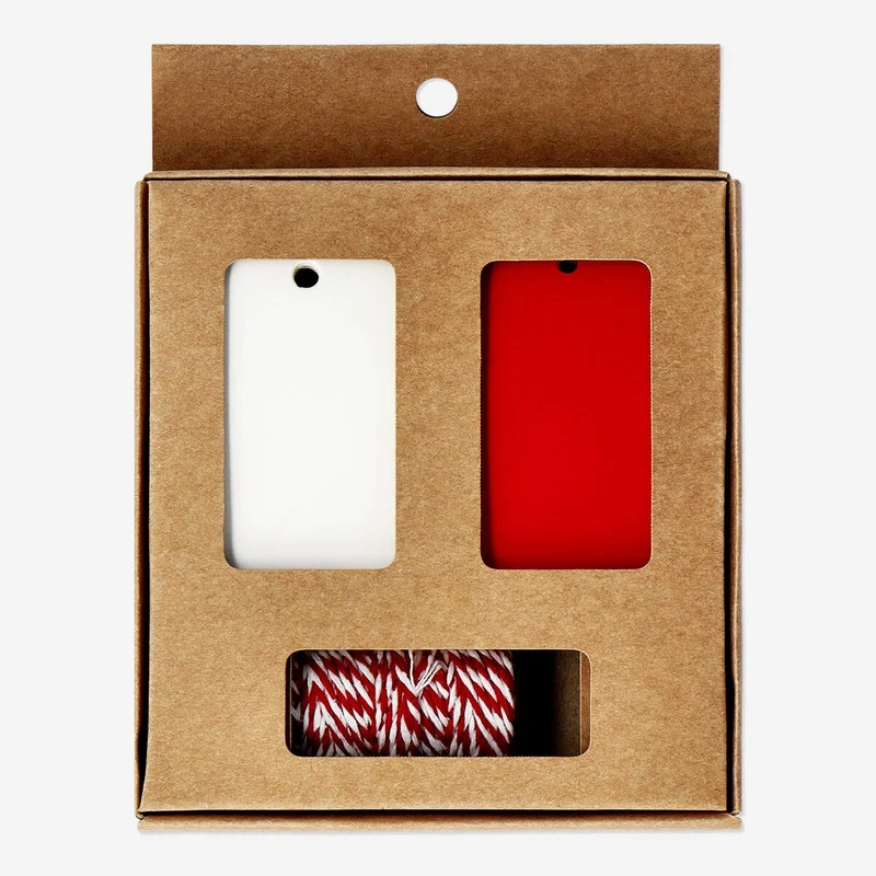 Gift decoration set with gift tags and red ribbon