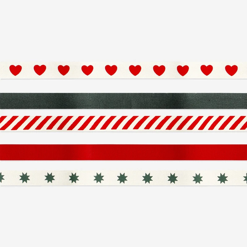 Set of cotton ribbon with hearts and candy cane pattern - 5 pcs