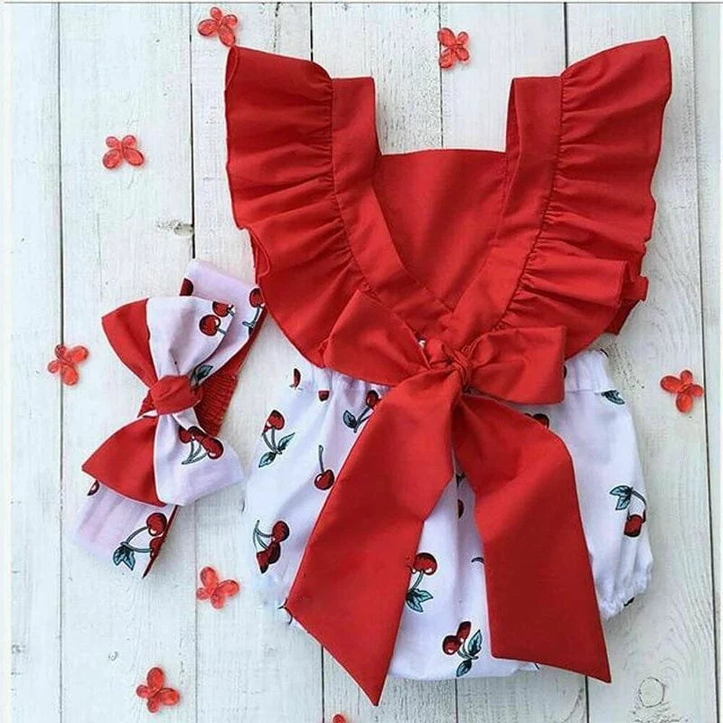 0-18M Cherry Romper Set: Ruffle Backless with Headband