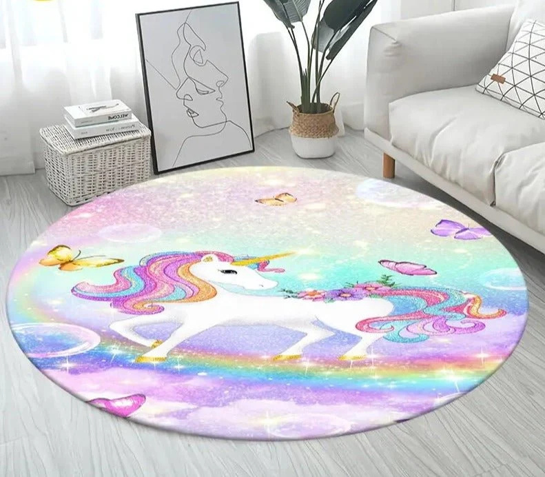 3D Unicorn Cartoon Area Rug - Large Round Non-Slip Mat for Kids