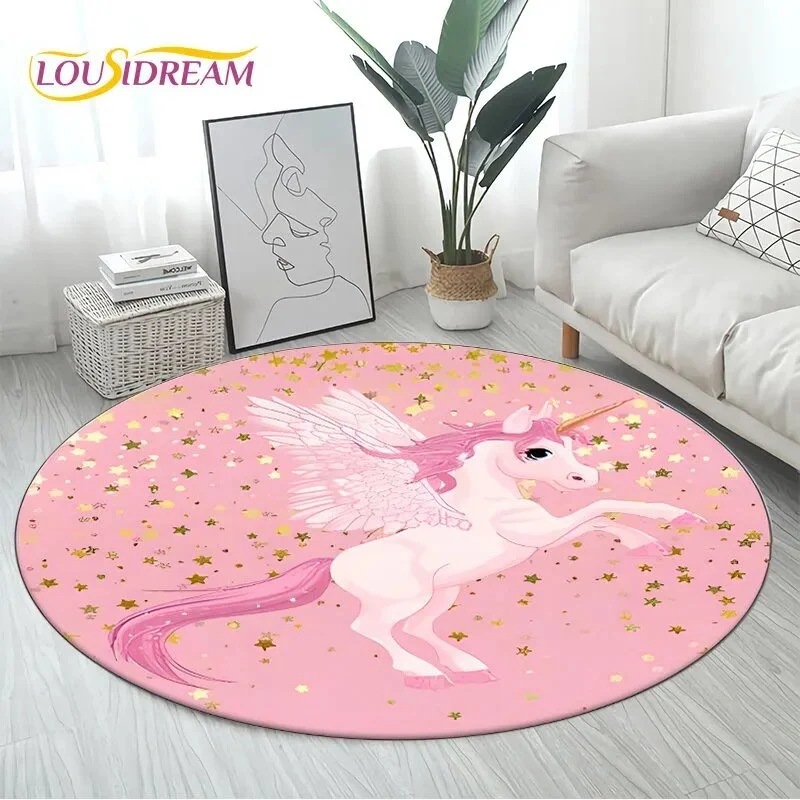3D Unicorn Cartoon Area Rug - Large Round Non-Slip Mat for Kids