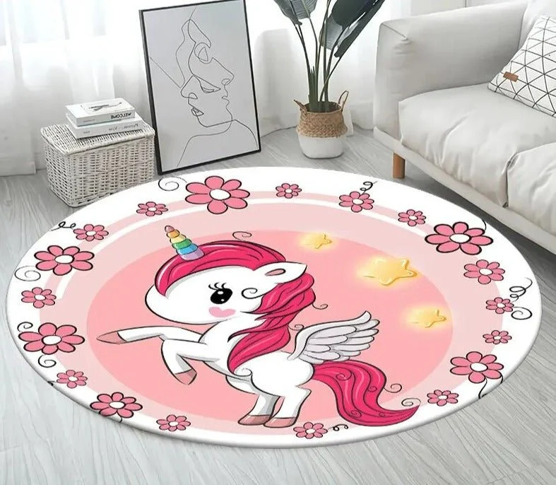 3D Unicorn Cartoon Area Rug - Large Round Non-Slip Mat for Kids