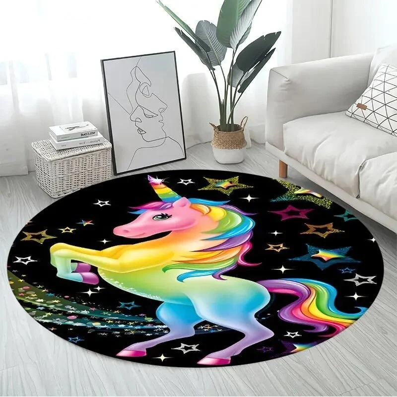 3D Unicorn Cartoon Area Rug - Large Round Non-Slip Mat for Kids