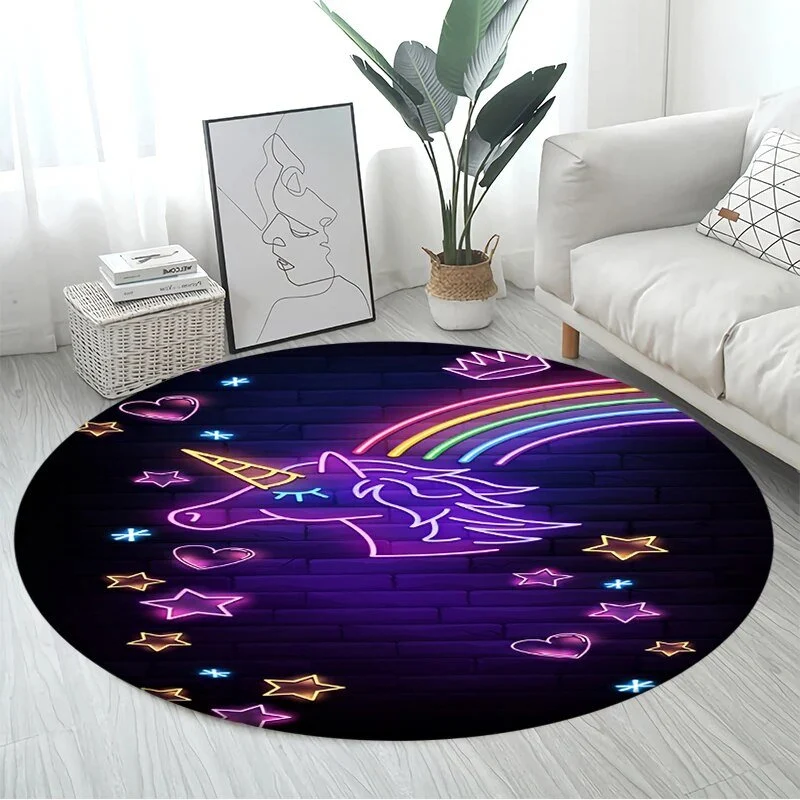 3D Unicorn Cartoon Area Rug - Large Round Non-Slip Mat for Kids