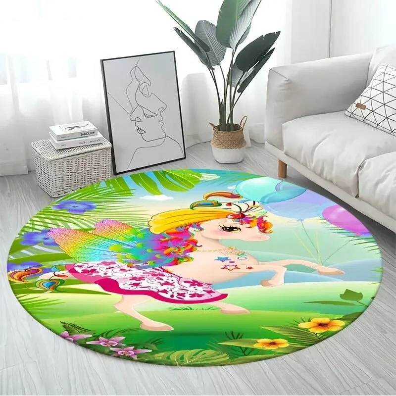 3D Unicorn Cartoon Area Rug - Large Round Non-Slip Mat for Kids