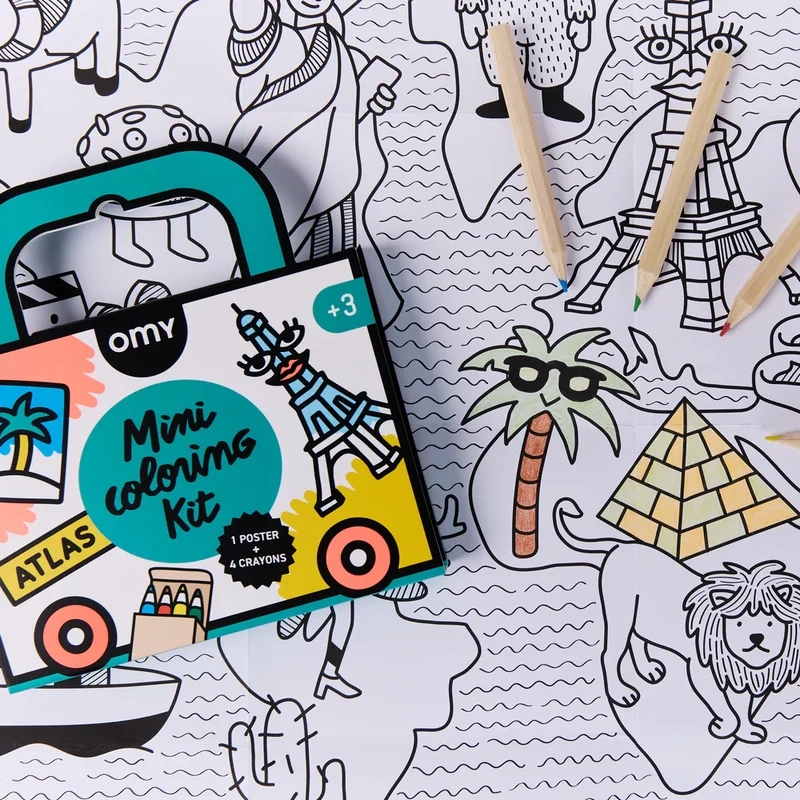 Mini Pocket Atlas para colorear + 4 lápices · OMY