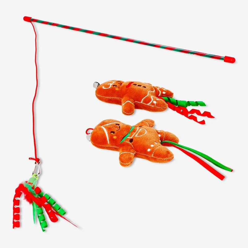 Gingerbread people on cat toy stick - 3 pcs