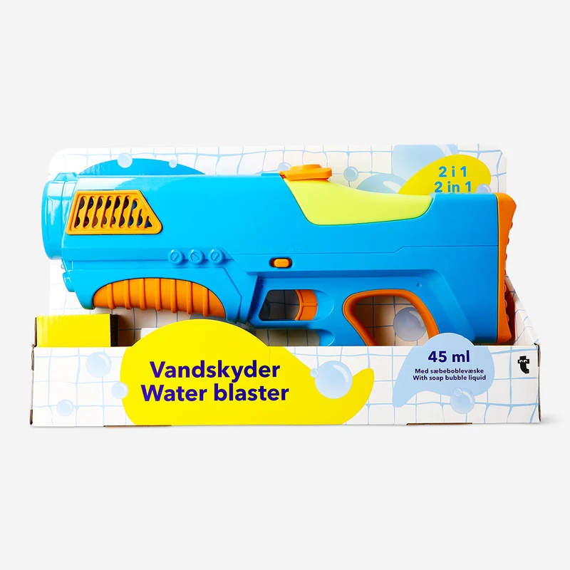 2-in-1 blue water blaster with soap bubbles