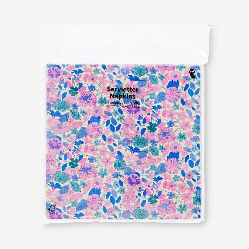 Napkins with blue and pink flowers - 16 pcs
