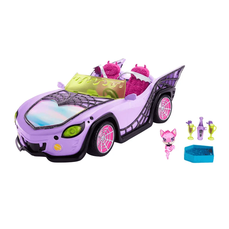 Monster High Coche de juguete, móvil Ghoul con accesorios para mascotas y refrigeradores