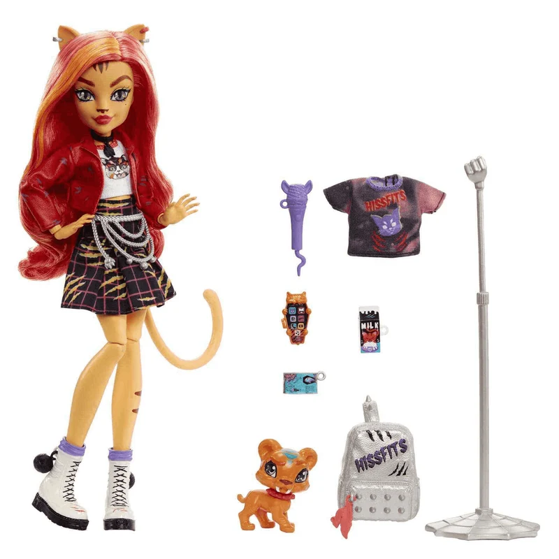 Monster High Toralei Stripe Muñeca articulada con mascota, micrófono y accesorios de moda, juguete +
