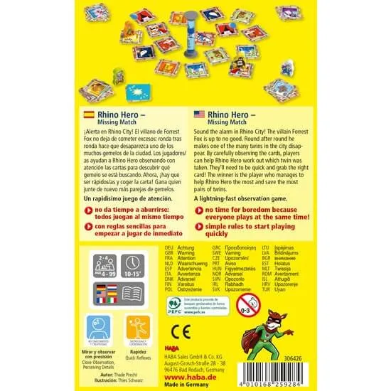 Rhino Hero Missing - Juego de mesa - Haba - 2-4 jugadores - 4+ años - 15 min