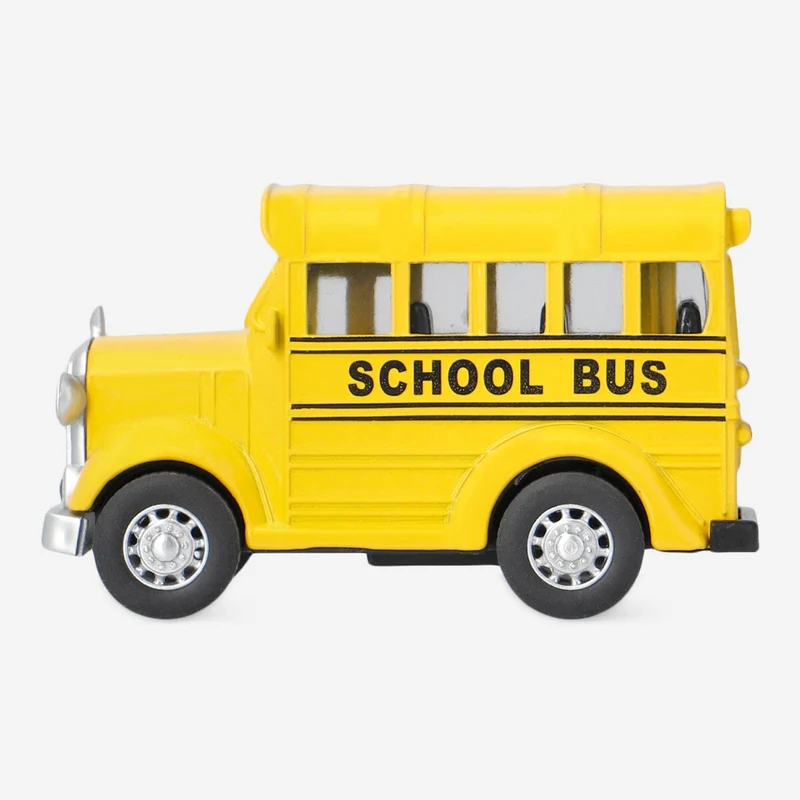 Pull back car as yellow schoolbus