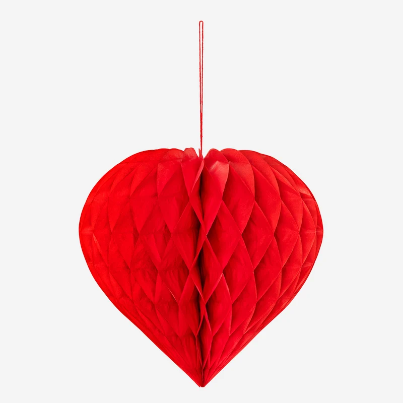 Red paper honeycomb heart for hanging - 30 cm