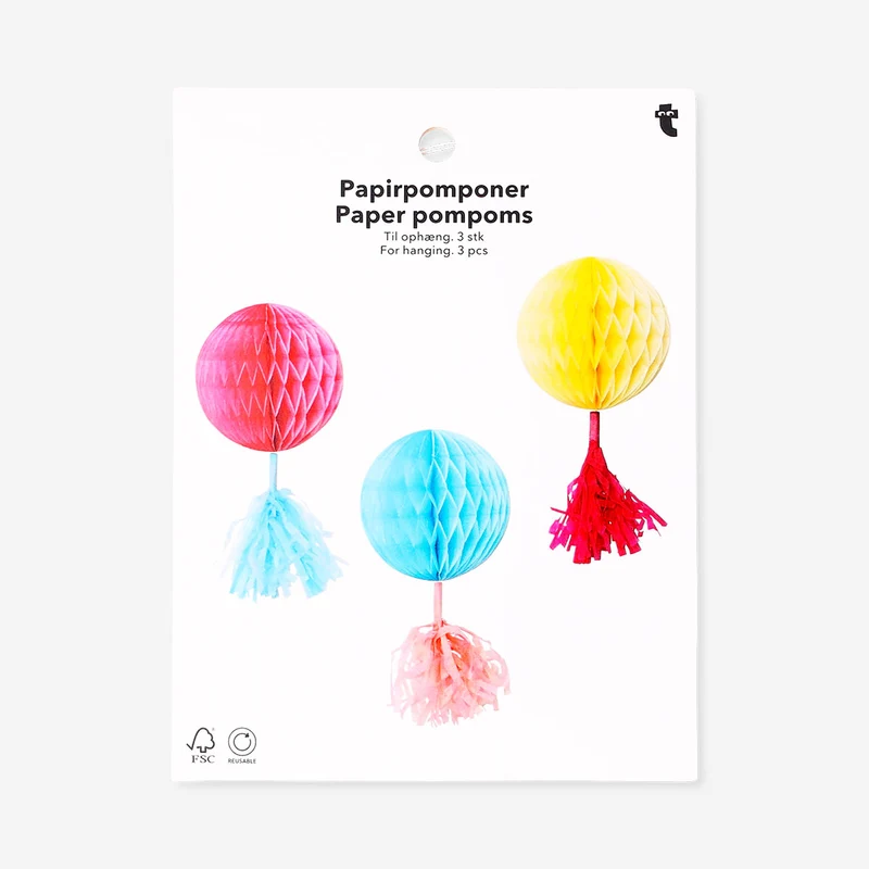 Colourful paper pom poms for hanging - 3 pcs