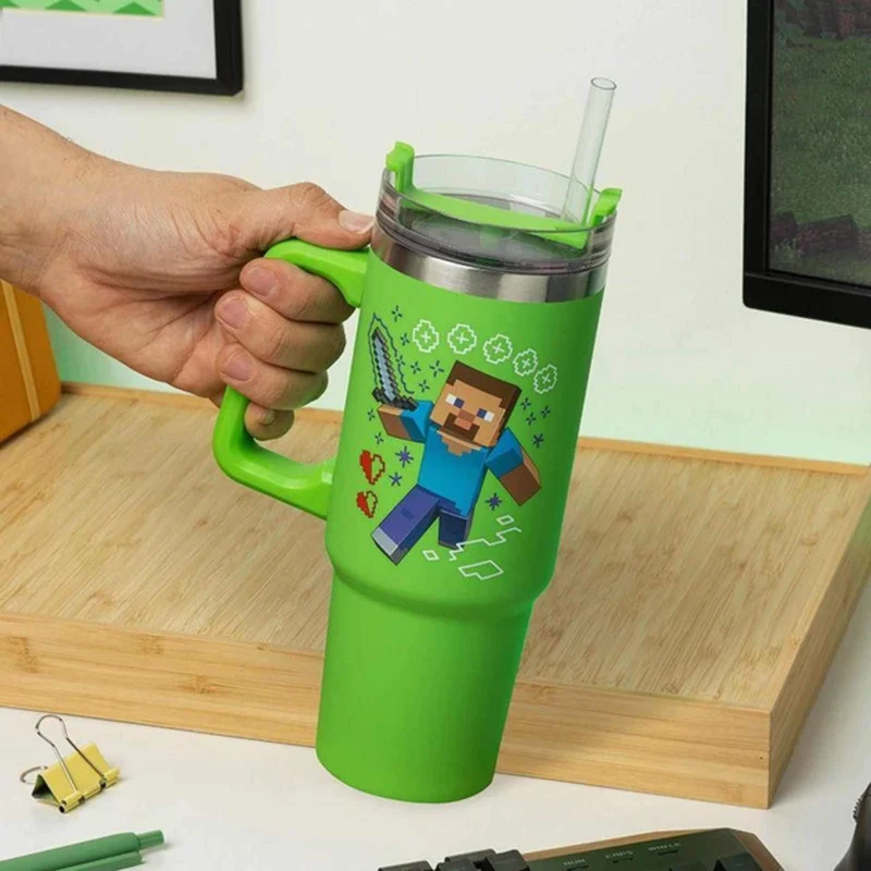 Vaso Térmico Minecraft Verde 900ml con Tapa Multiusos y Pajita