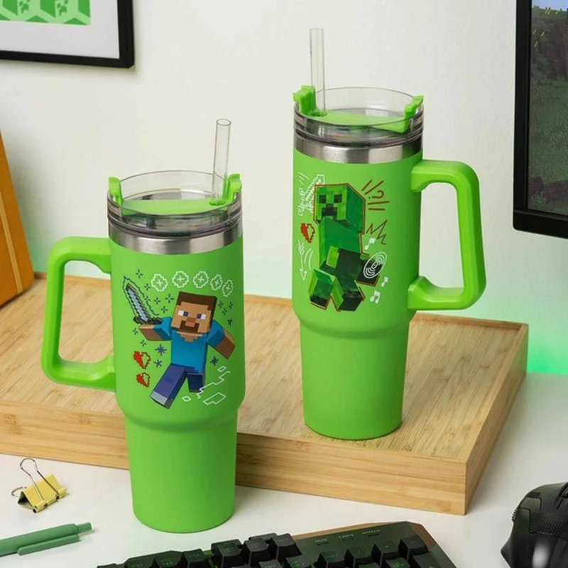 Vaso Térmico Minecraft Verde 900ml con Tapa Multiusos y Pajita