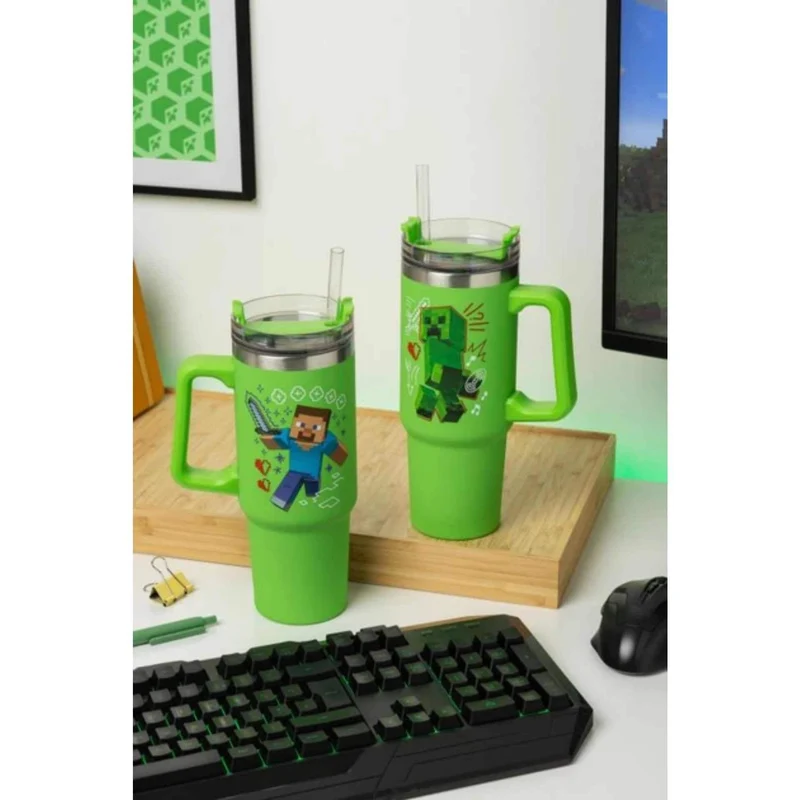 Vaso Térmico Minecraft Verde 900ml con Tapa Multiusos y Pajita