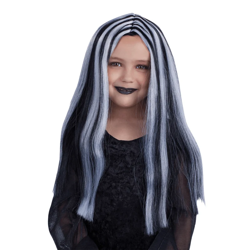 Peluca Brujita Infantil Negra con Mechas Blancas
