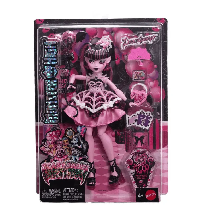 Monster High Cumplespantos Draculaura – Muñeca de fiesta con vestido rosa y accesorios