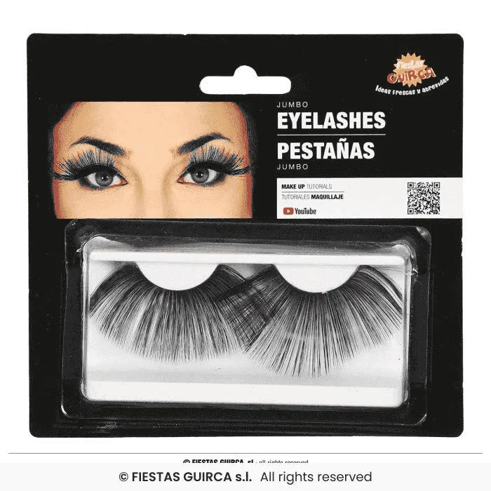 Pestañas negras jumbo con brillo y adhesivo – Maquillaje Disfraces
