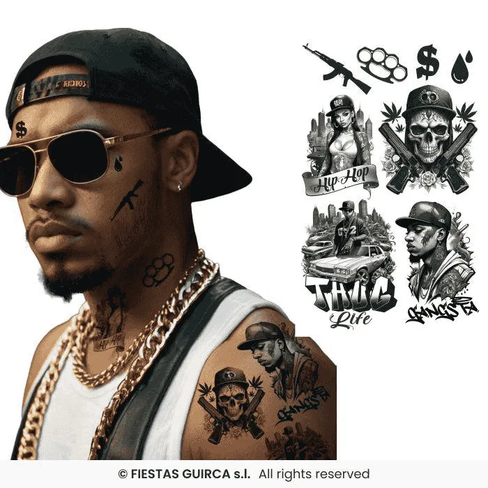 Hoja tatuajes Thug Life 14 x 30 cm – Calcomanías temporales para disfraces de Halloween