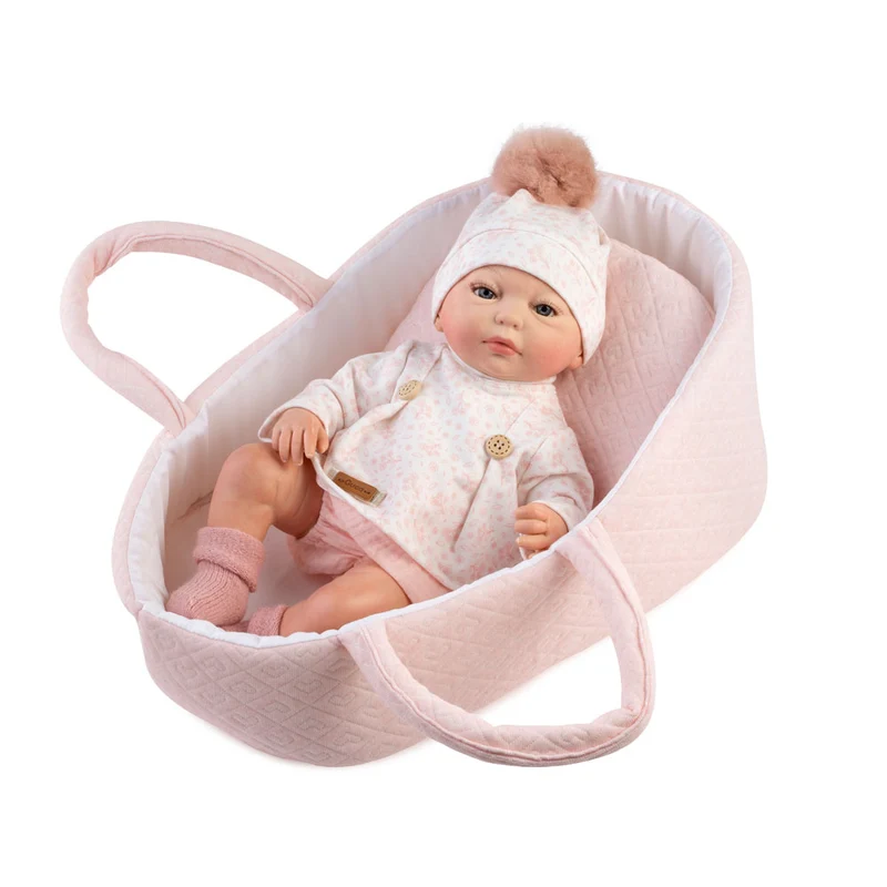 Reborn prematuro Silvia Muñeca Bebé Vestido rosa y capazo 38cm