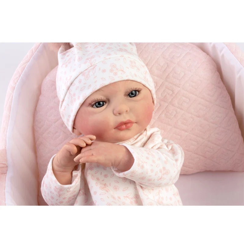 Reborn prematuro Silvia Muñeca Bebé Vestido rosa y capazo 38cm