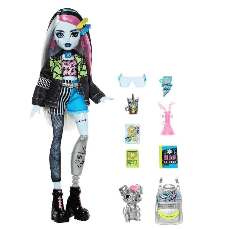 Monster High Muñeca Frankie Stein con Mascota Watzie y Accesorios