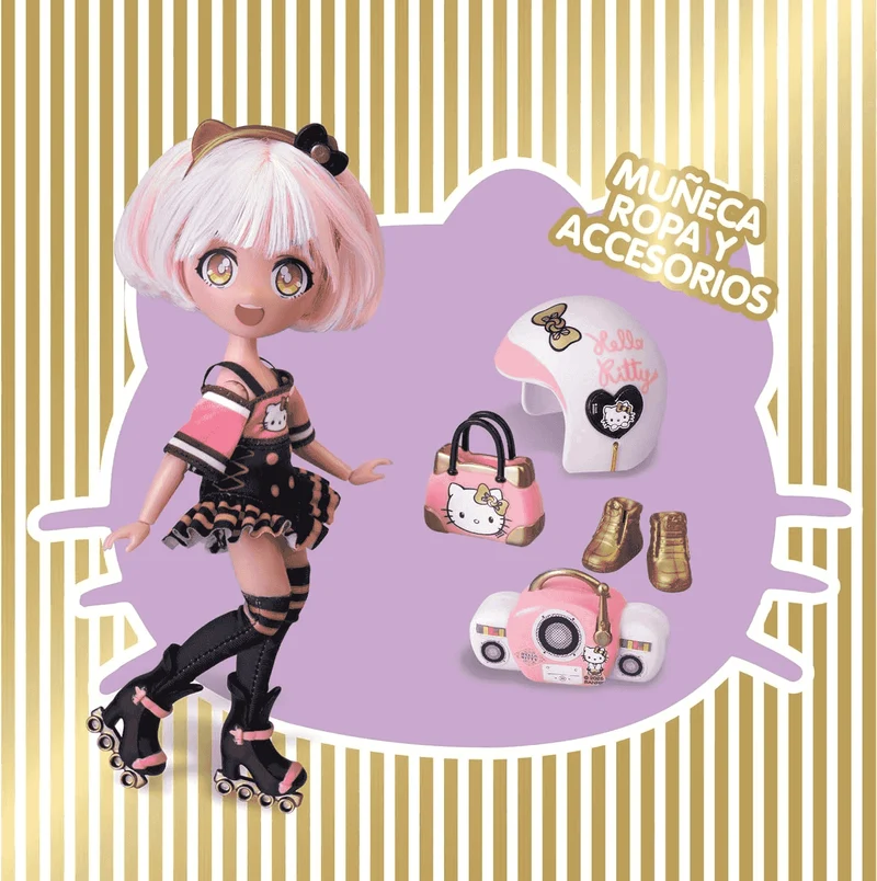 Hello Kitty Golden Diva Roller – Muñeca fashion con estilo japonés y accesorios