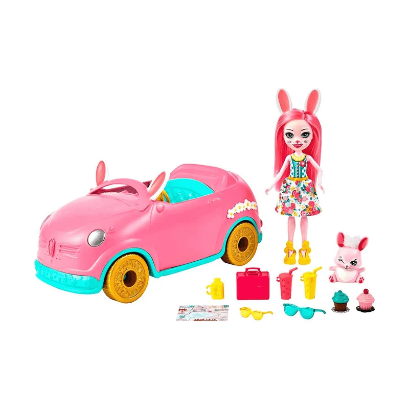 Enchantimals Bunnymóvil Muñeca Bree Bunny con coche rosa descapotable