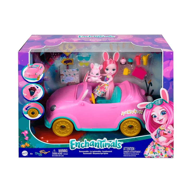 Enchantimals Bunnymóvil Muñeca Bree Bunny con coche rosa descapotable