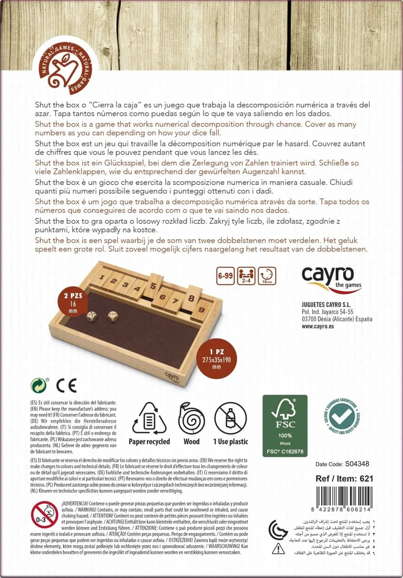 Shut the Box - Juego de mesa - Cayro - 2-4 jugadores - 6+ años - 15 min