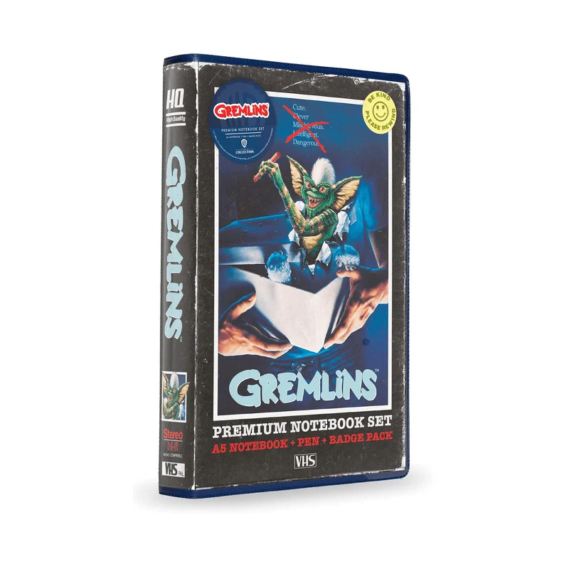 Gremlins Set de Papeleria en caja VHS con Libreta Chapas y Bolígrafo