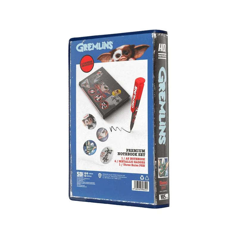 Gremlins Set de Papeleria en caja VHS con Libreta Chapas y Bolígrafo