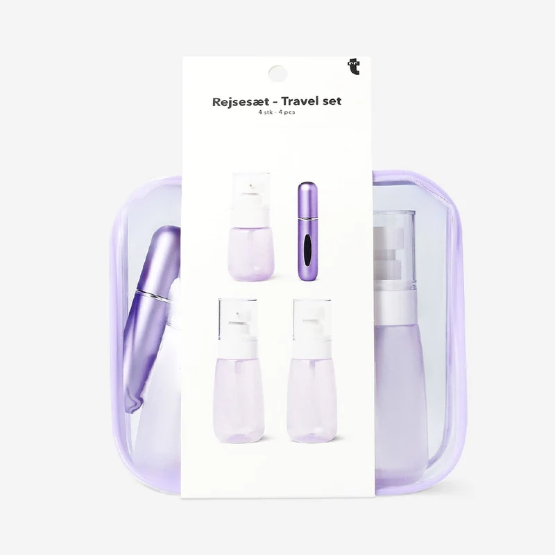 Purple travel set with perfume bottle