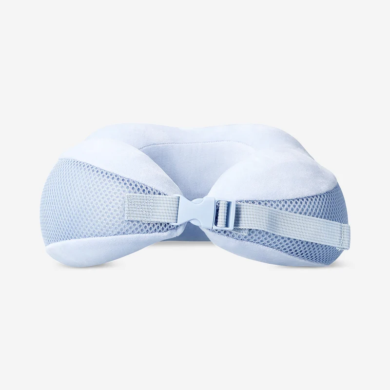 Blue memory foam travel pillow with strap clasp