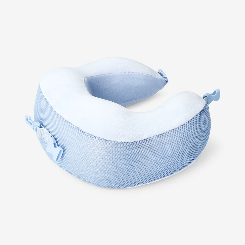 Blue memory foam travel pillow with strap clasp
